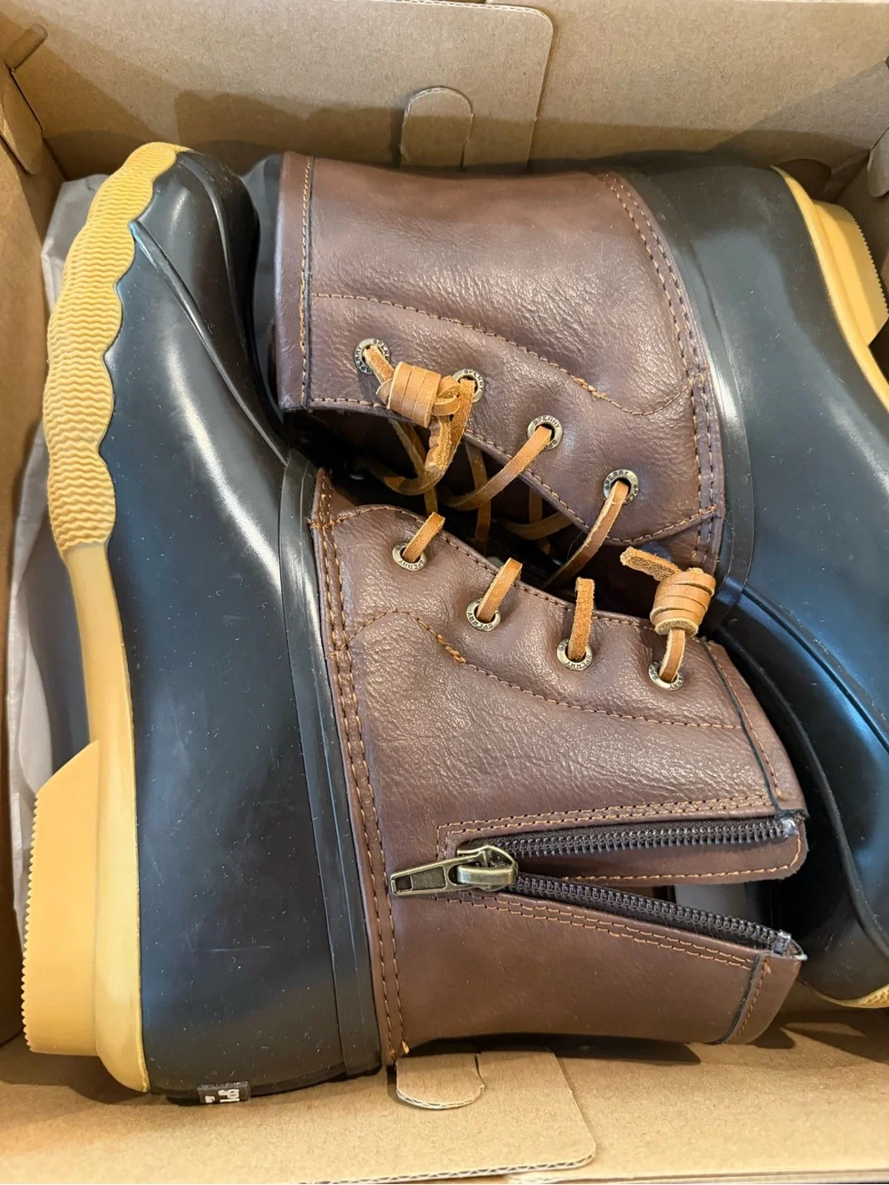 Sperry Two-Tone Brown and Black Duck Boots NWT